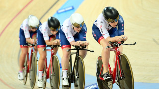 Great Britain Cycling Team's Emily Nelson leads the team pursuit qualifying effort with teammates Emily Kay, Ellie Dickinson and Manon Lloyd