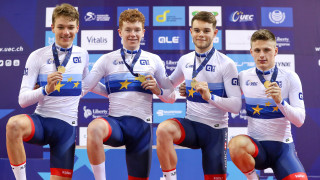 Great Britain Cycling Team's Ethan Hayter, Joe Holt, Matthew Bostock and Matthew Walls celebrate winning European under-23 team pursuit gold