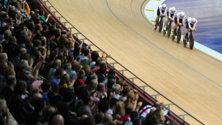 The Great Britain Cycling Team quartet of Steven Burke, Ed Clancy, Owain Doull and Andy Tennant win team pursuit gold at the 2013 UCI Track Cycling World Cup in Manchester