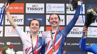 Great Britain Cycling Team's Katie Archibald and Elinor Barker celebrate winning Madison gold at the Tissot UCI Track Cycling World Cup in Manchester