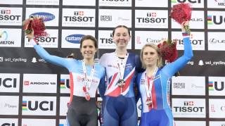 Great Britain Cycling Team's Katie Archibald receives her points race gold medal at the Tissot UCI Track Cycling World Cup in Milton, Canada