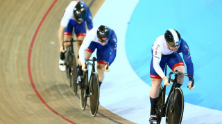 Great Britain Cycling Team's Jack Carlin, Phil Hindes and Callum Skinner win team sprint silver at the Tissot UCI Track Cycling World Cup in Milton, Canada