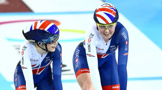 Great Britain Cycling Team's Katie Archibald and Elinor Barker celebrate winning the Madison at the UCI Track Cycling World Cup. 