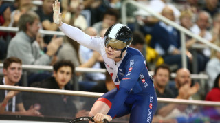 Great Britain Cycling Team's Jack Carlin celebrates winning bronze in the sprint at the Tissot UCI Track Cycling World Cup in Canada