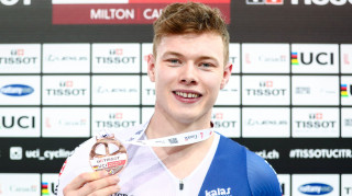 Great Britain Cycling Team's Jack Carlin celebrates winning bronze in the sprint at the Tissot UCI Track Cycling World Cup in Canada