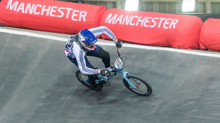 Liam Phillips on his way to a fourth consecutive win in Manchester at the UCI BMX Supercross World Cup