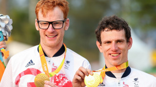 Steve Bate and Adam Duggleby celebrate winning time trial gold at Rio 2016