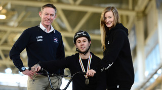Great Britain Cycling Team's performance director Stephen Park, with BMX Freestyle Park stars Alex Coleborn and Charlotte Worthington