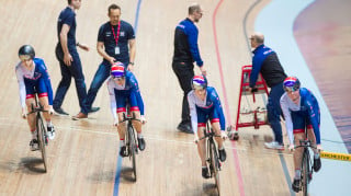 Great Britain Cycling Team's Katie Archibald, Laura Kenny, Emily Nelson and Ellie Dickinson begin a training effort on the new-look CervÃ©lo T5GB