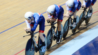 Great Britain Cycling Team's Mark Stewart and Kian Emadi lead the men's team pursuit squad in training on the new-look CervÃ©lo T5GB