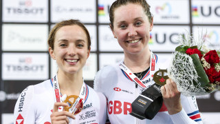 Elinor Barker on the podium with Katie Archibald after their Madison win at the Madison at the Track World Cup in Milton, Canada.