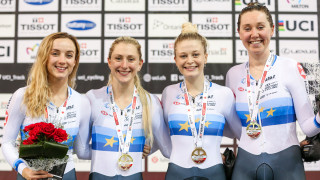 Elinor Barker, Laura Kenny, Ellie Dickinson and Katie Archibald after their Team Pursuit win at the Track World Cup in Milton, Canada.