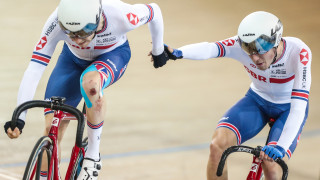 Mark Stewart and Ollie Wood ride the Madison at the Track World Cup in Canada, October 2018.