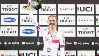 Laura Kenny at the Track World Cup in Canada, on the podium after winning the Omnium.