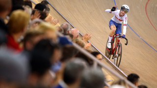 Laura Kenny at the Track World Cup in Canada, cheering to the crowd after winning the Omnium.