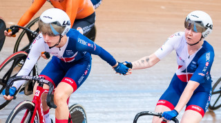 Katie Archibald and Laura Kenny racing at the 2018 Glasgow European Games.