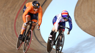 Lauren Bate rides in the women's sprint in Minsk