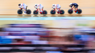 Team KGF lead the way in team pursuit qualifying at the UCI Track World Cup in Minsk