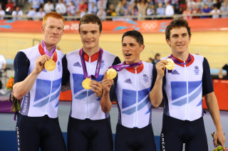 2012 London Olympic Games - Ed Clancy, Steven Burke, Pete Kennaugh and Bradley Wiggins win the men's team pursuit gold medal.