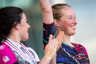 Alice Barnes on the podium after winning the 2019 HSBC UK | National Road Championships in Norwich.