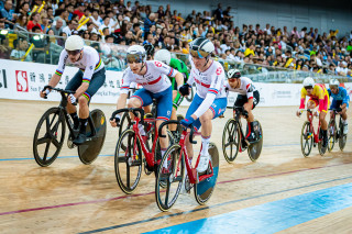 Mark Stewart and Fred Wright in the men's madison in Hong Kong at the 2019-2020 Tissot UCI Track Cycling World Cup.