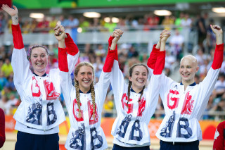 2016 Rio Olympic Games - Track Cycling - Olympic Velodrome, Rio de Janeiro, Brazil - Great Britain's Women's Team Pursuit win Gold in the final, from right, Joanna Rowsell-Shand, Elinor Barker, Laura Trott and Katie Archibald.