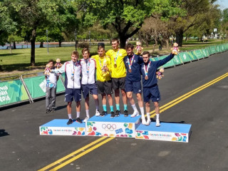 Harry Birchill and Sean Flynn on the podium at the 2018 Youth Olympic Games in Buenos Aires, Argentina.