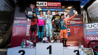Tahnee Seagrave tops the podium at the UCI Mountain Bike World Cup in Leogang