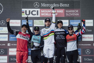 Men's podium at the first MTB World Cup 2019 in Maribor.