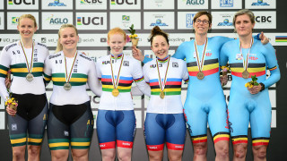 Sophie Thornhill and Helen Scott on the podium in the World Champions jersey at the 2018 UCI Para-Cycling Track World Championships in Rio, Brazil.