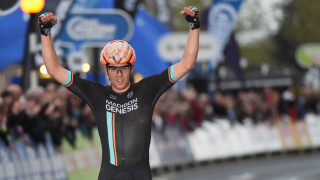 Tom Scully (Madison Genesis) celebrating his win at round one of the 2015 Pearl Izumi Tour Series in Ryde, Isle of Wight.