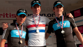Kennaugh (left) on the podium at the 2011 British Cycling National Road Championships in Stamfordham alongside winner Bradley Wiggins and second placed Geraint Thomas.