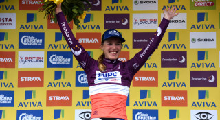 Hannah Barnes celebrates her Premier Inn Best of British riders jersey at the 2015 Aviva Women's Tour.