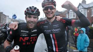 Edmund Bradbury (left) celebrates an NFTO 1-2 with Dale Appleby at the Chorley Grand Prix, March 2016