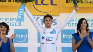 Britain's Adam Yates on the Tour de France podium in the white jersey