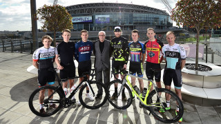 The mens team line up for the Tour Series outside new venue Wembley Park