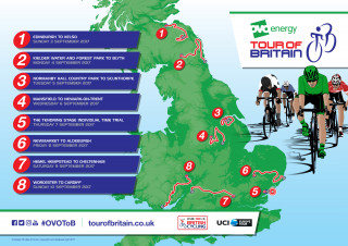 The route amp for the eight stages of the 2017 OVO Energy Tour of Britain