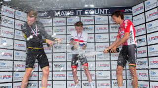 Tao Geoghegan Hart celebrates winning the under-23 road race in Stockton in 2016, with second place Chris Lawless and James Shaw, who finished third