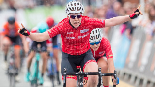Emily Nelson celebrates a Tour Series victory for Team Breeze