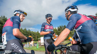 Ian Bibby relaxes post-race at the Tour of the Reservoir with JLT Condor teammates Russ Downing and Tom Moses