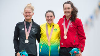 Dani Rowe on the Gold Coast 2018 Commonwealth Games road race podium