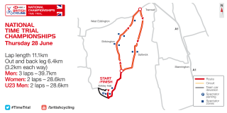 Map of the course for the 2018 HSBC UK National Road Championships Time Trial.