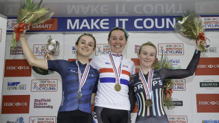 Katie Archibald on the podium after winning the 2017 National Circuit Championships in Sheffield.