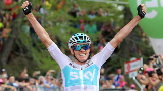 Chris Froome winning a stage of the 2018 Giro d'Italia.