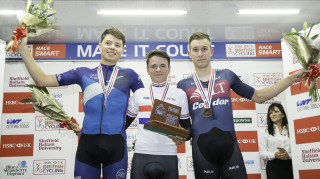 Tom Pidcock, Harry Tanfield and Jon Mould on the podium from 2017 National Circuit Championships in Sheffield.