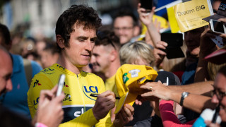 Geraint Thomas meeting fans at his victory parade in Cardiff, Wales.