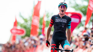 Connor Swift celebrating as he crosses the line at the 2018 HSBC UK | National Road Championships in Northumberland.