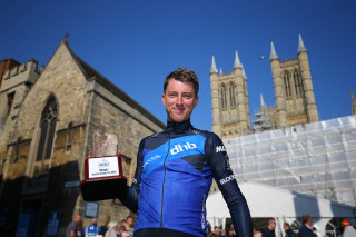 Tom Stewart with his trophy from winning the Lincoln GP.