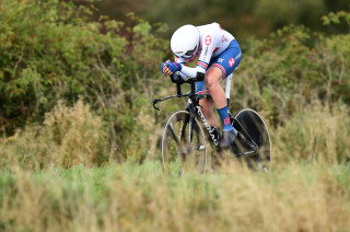 Leo Hayter riding towards eighth place during the junior men's time trial at the 2019 UCI Road World Championships in Yorkshire.