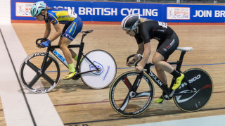 Zoe Backstedt leads out Aleshia Mellor in the youth women's sprint final, with Mellor catching her opponent to take the title at the British Cycling National Youth and Junior Track Championships